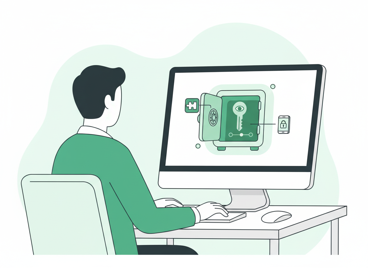 Illustration d’un professionnel utilisant un ordinateur affichant un coffre-fort numérique, symbolisant la gestion sécurisée des mots de passe, avec des pictogrammes représentant une extension de navigateur, une application mobile et un mot de passe maître.