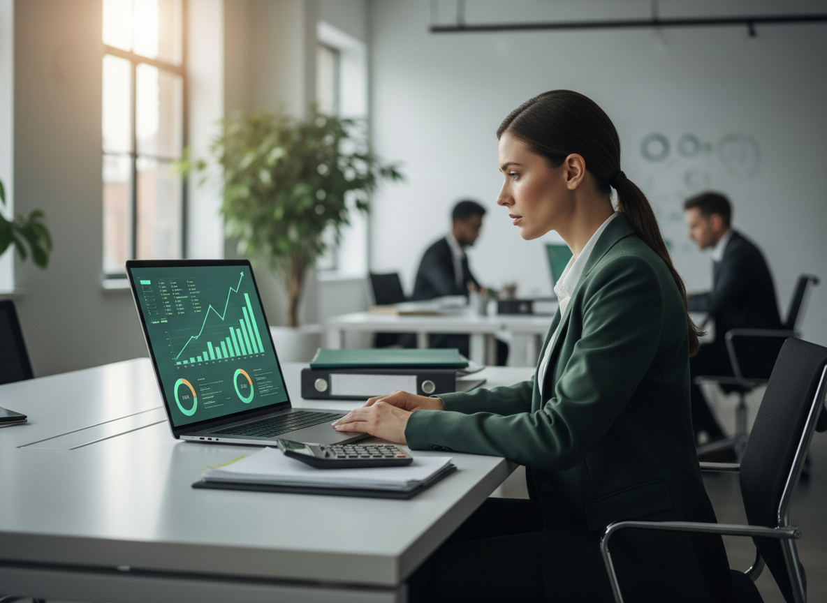 Dirigeant analysant des graphiques financiers sur un ordinateur pour comprendre l’EBITDA et la rentabilité de son entreprise.