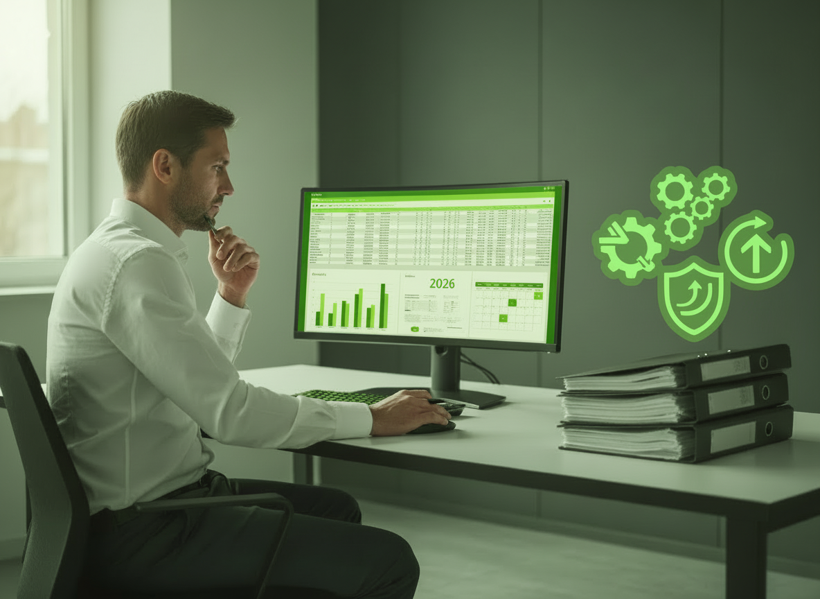 Créateur d’entreprise consultant des documents financiers et administratifs sur un bureau, symbolisant l’adaptation aux nouvelles règles ACRE 2026.