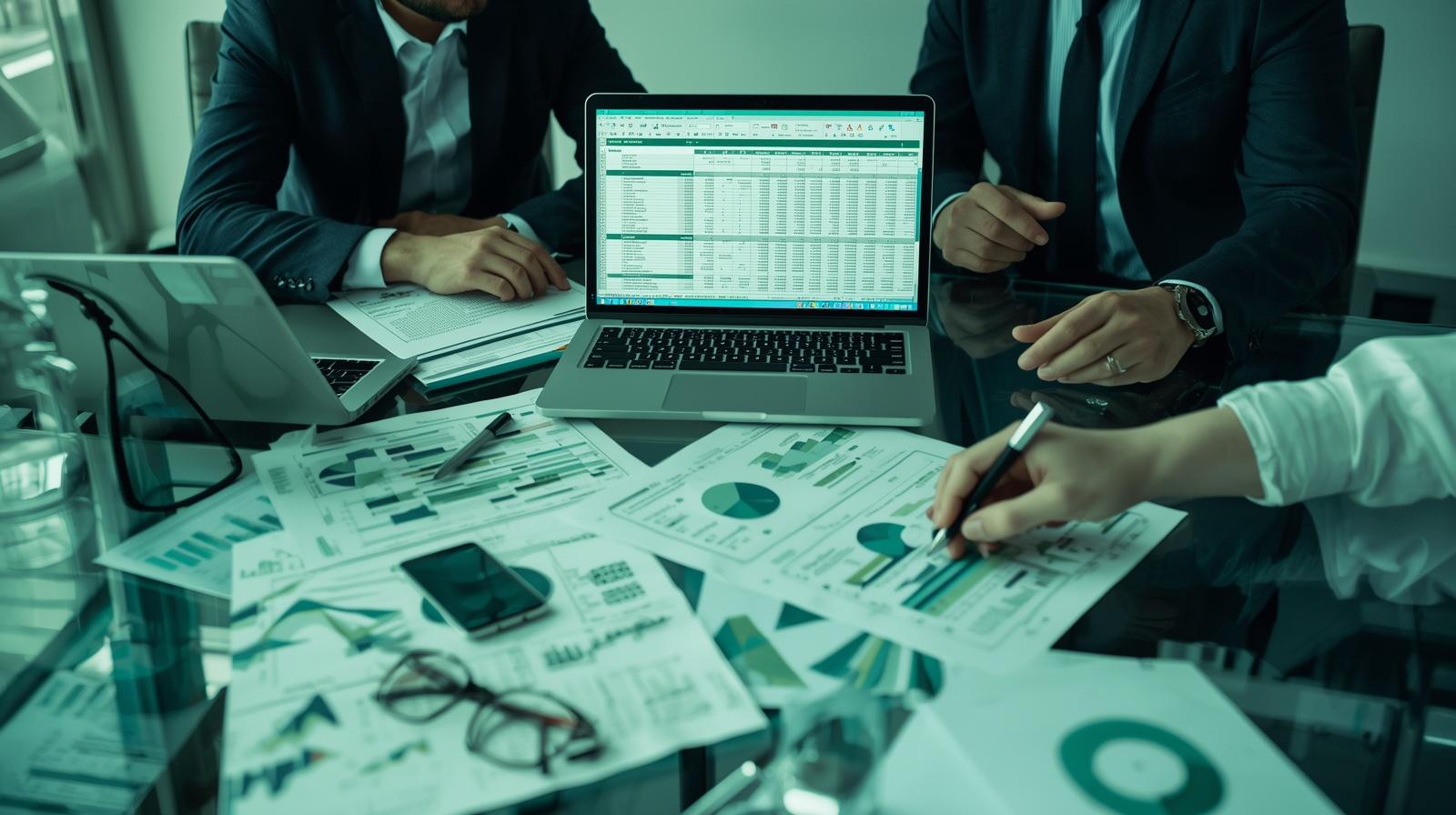 Un entrepreneur et une consultante analysent un business plan sur un ordinateur portable, avec des graphiques financiers et des documents de création d’entreprise étalés sur la table.