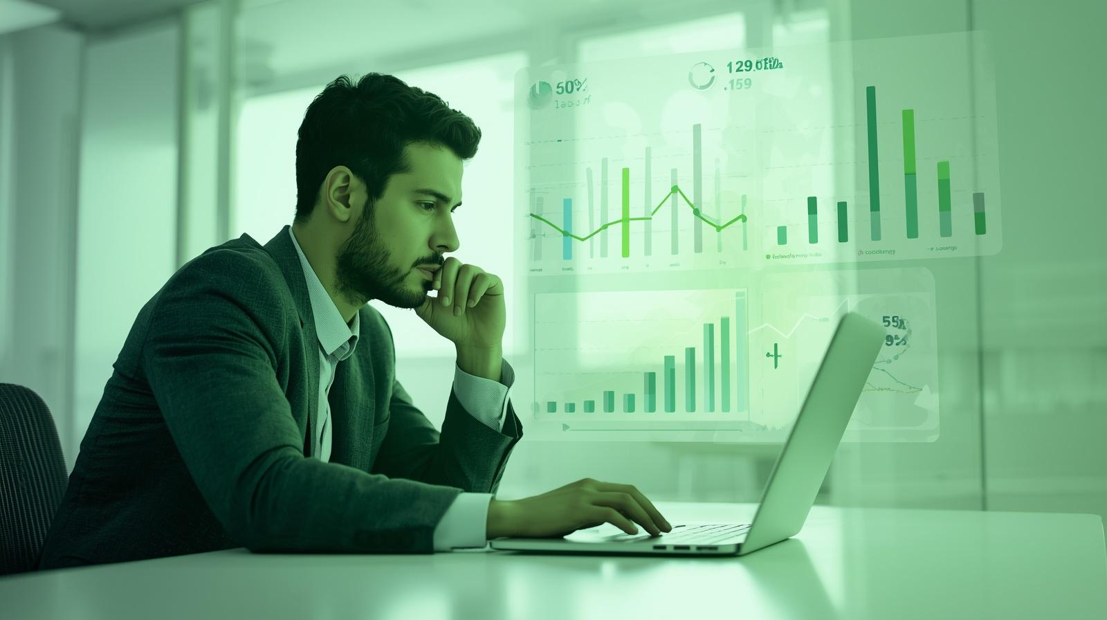 Un dirigeant observe un tableau de bord d’indicateurs opérationnels sur ordinateur, avec des graphiques verts dans un bureau moderne.