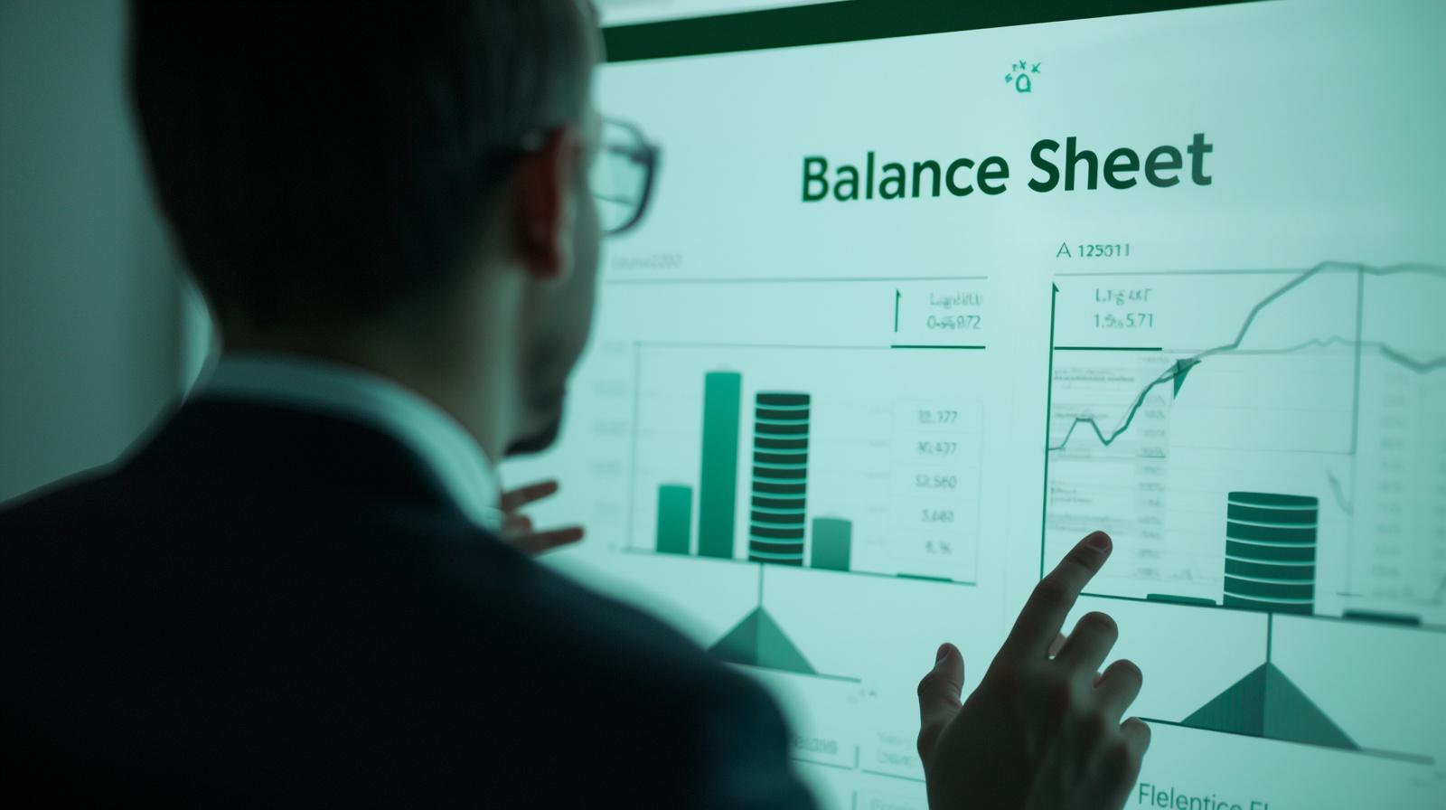 Dirigeant analysant un bilan comptable dans un environnement professionnel aux tons verts et blancs, avec un tableau Actif/Passif flou en arrière-plan.