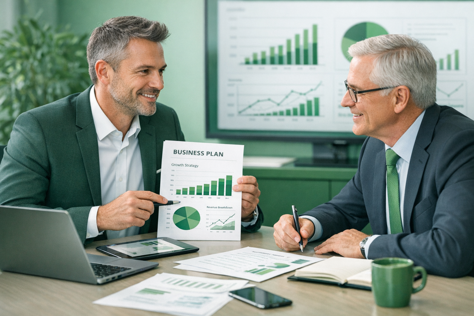 Dirigeant présentant son business plan à un banquier