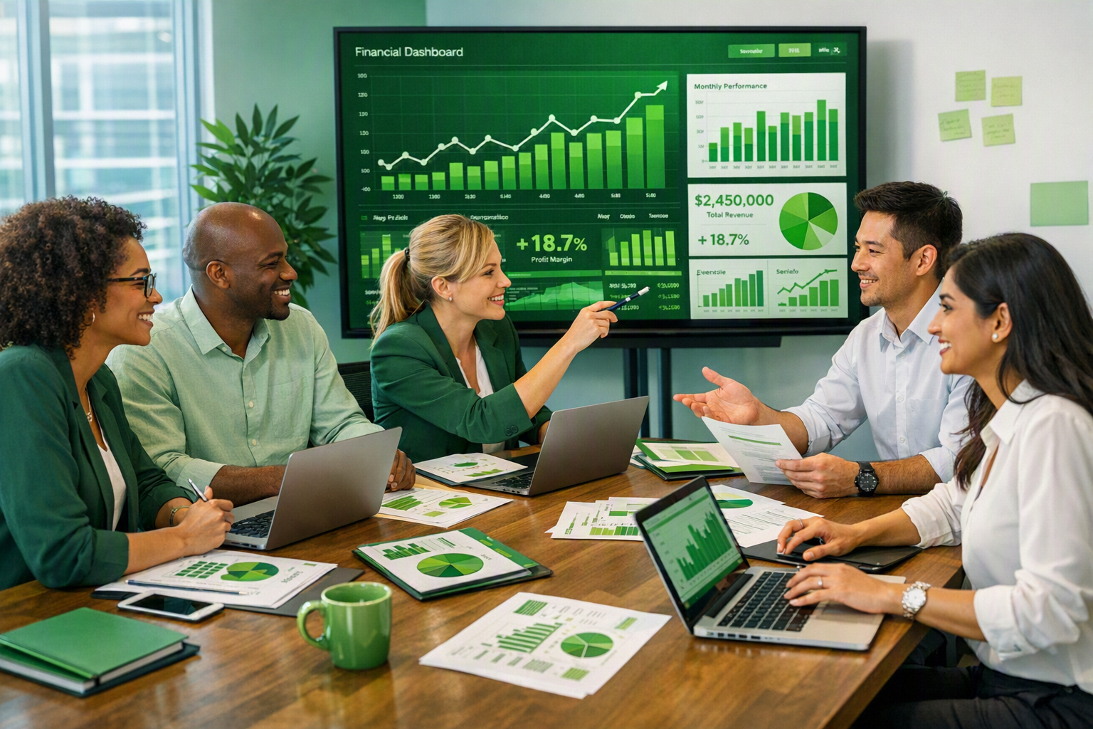Équipe professionnelle analysant des indicateurs financiers sur un écran avec des graphiques verts lors d’une réunion stratégique.