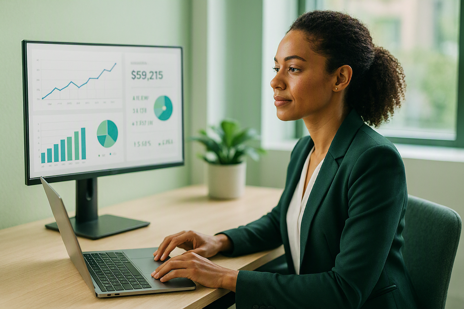 Un dirigeant analyse des indicateurs financiers sur un écran dans un bureau moderne et lumineux