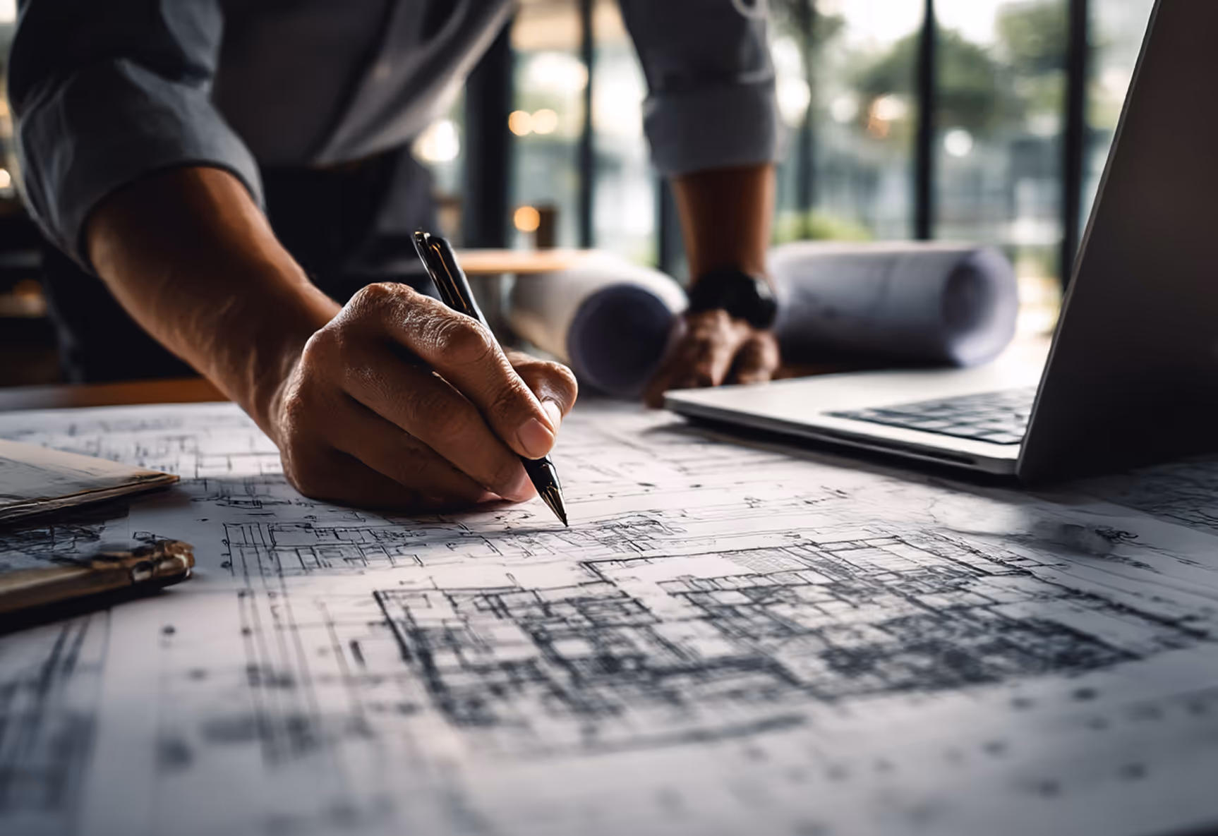 Main masculine dessinant sur un plan architectural posé sur une table près d'un ordinateur portable et de rouleaux de plans.