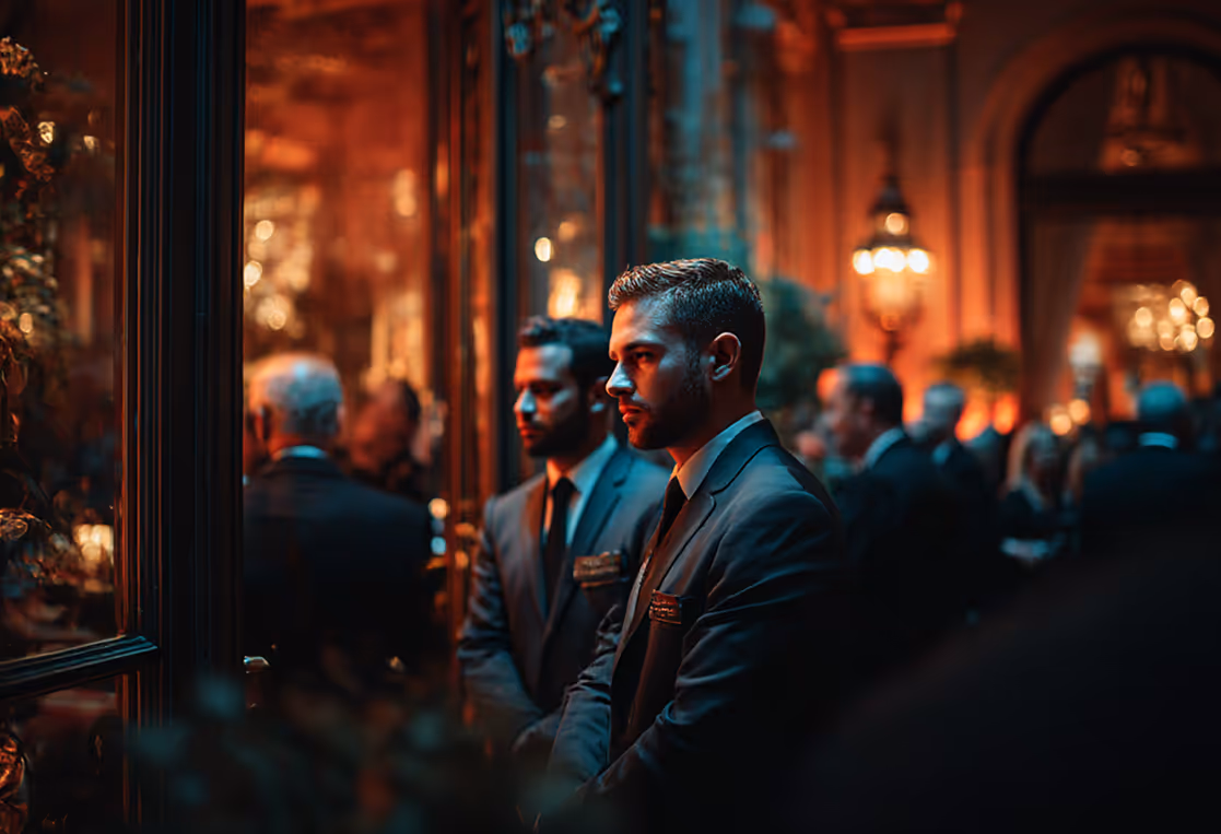Deux hommes en costume formel debout attentivement dans une salle élégamment éclairée avec des invités flous en arrière-plan.