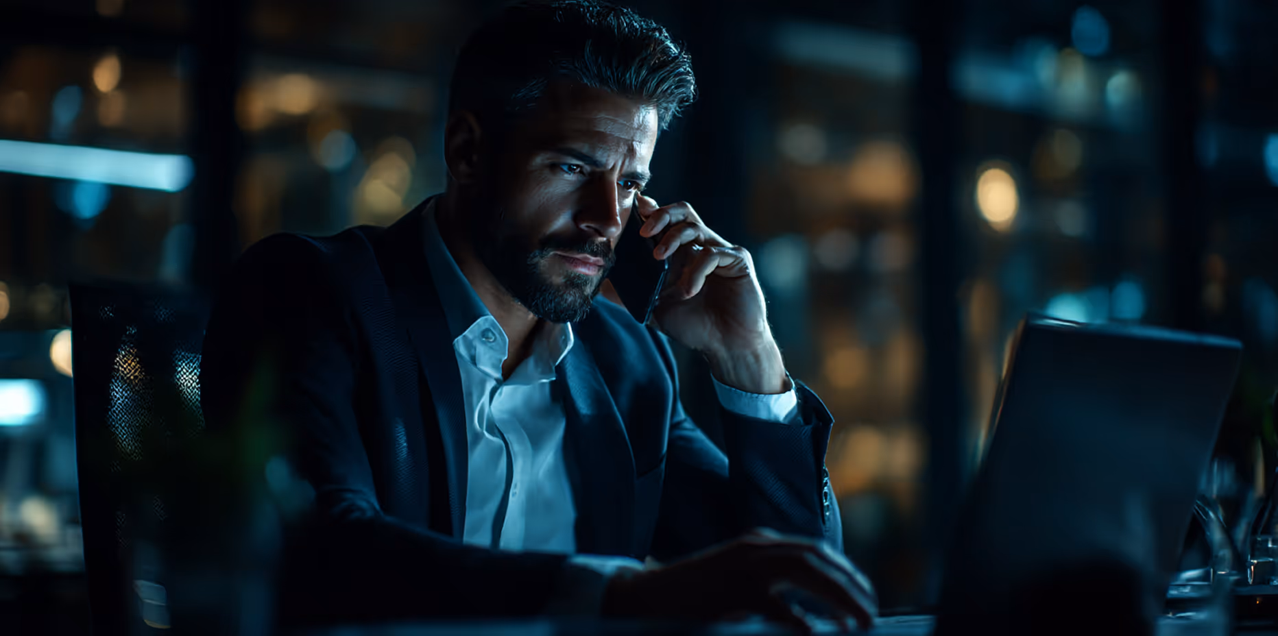 Homme d'affaires sérieux parlant au téléphone devant un ordinateur portable dans un bureau sombre.