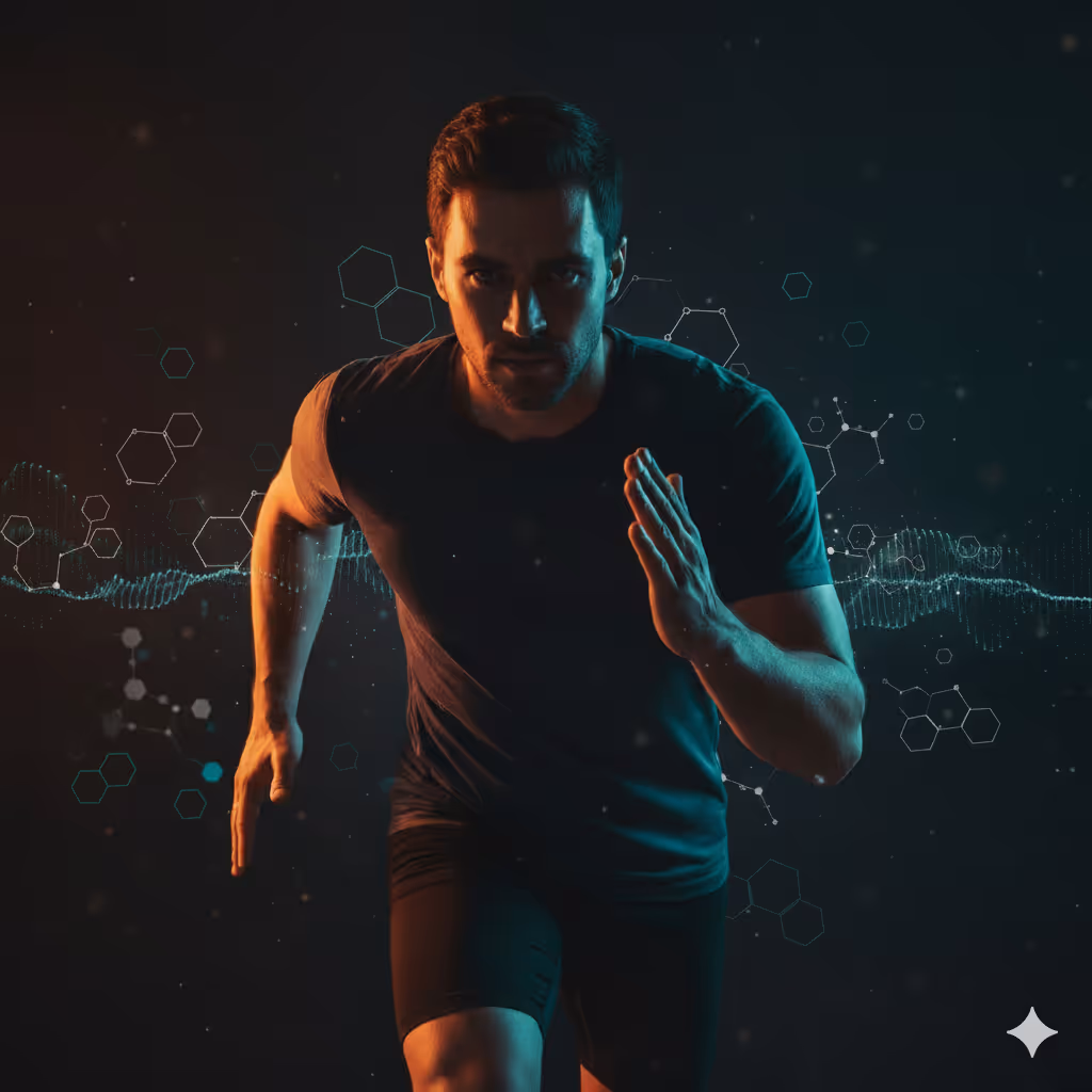 Athletic man in black sportswear running forward with scientific hexagonal and wave graphics in the background.