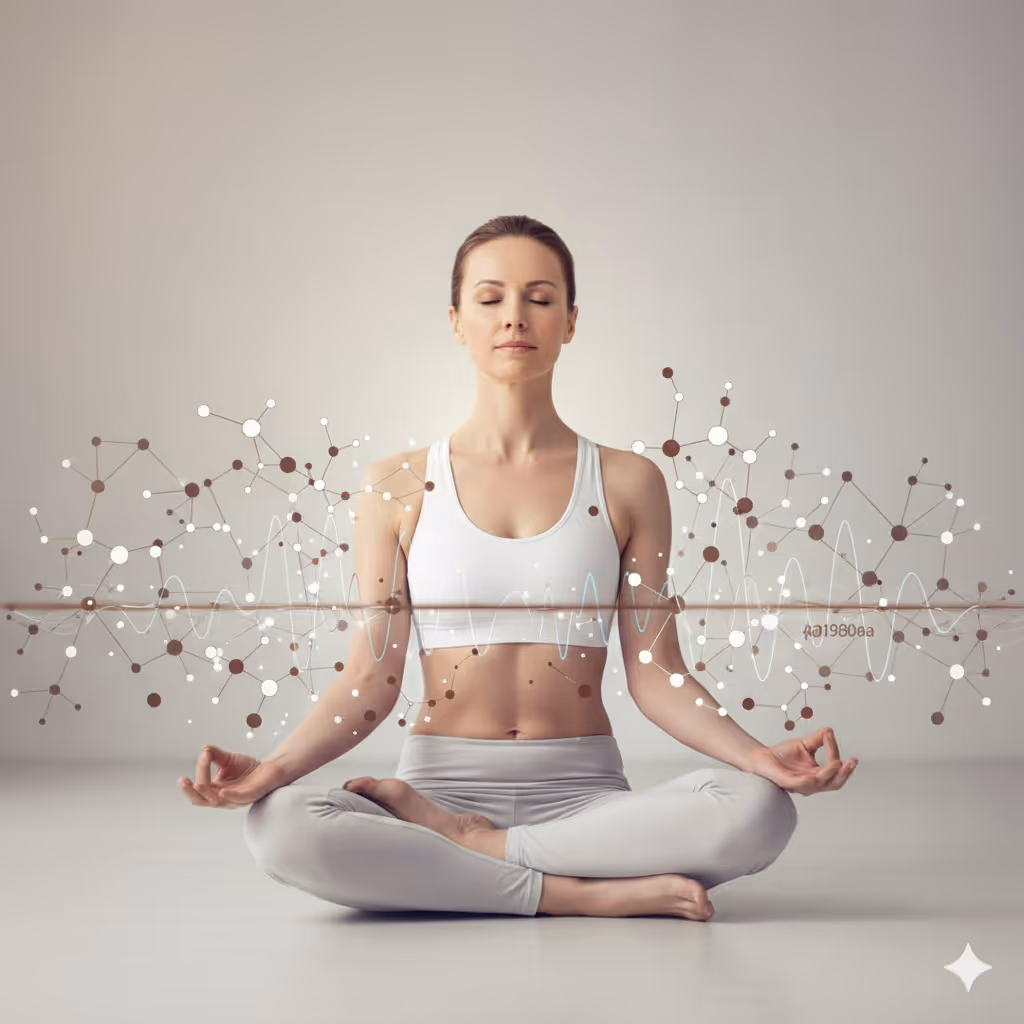 Woman in white athletic wear sitting cross-legged and meditating with eyes closed, surrounded by abstract molecular and waveform graphics.
