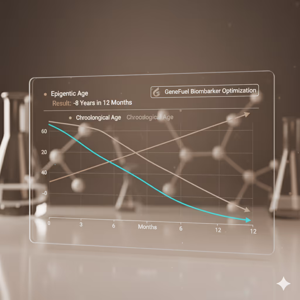 Transparent graph displaying epigenetic age reduced by 8 years over 12 months with GeneFuel Biomarker Optimization.