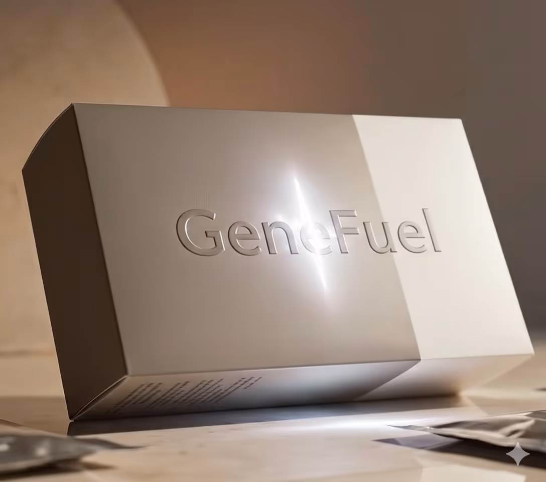 Glossy beige and white box with embossed GeneFuel branding under soft lighting.