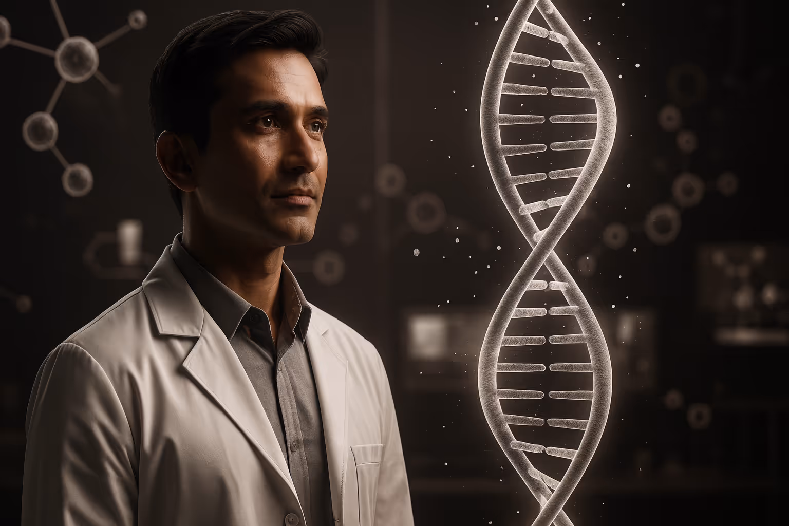 Scientist in a white lab coat looking thoughtfully at a glowing 3D DNA double helix model.