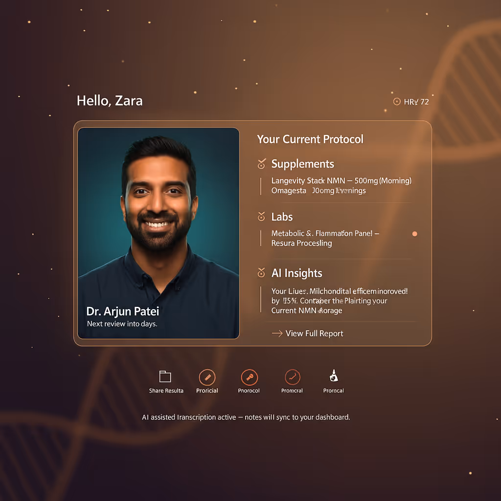 Digital health dashboard greeting Zara with a photo of Dr. Arjun Patei and displaying supplements, labs, and AI insights protocols.