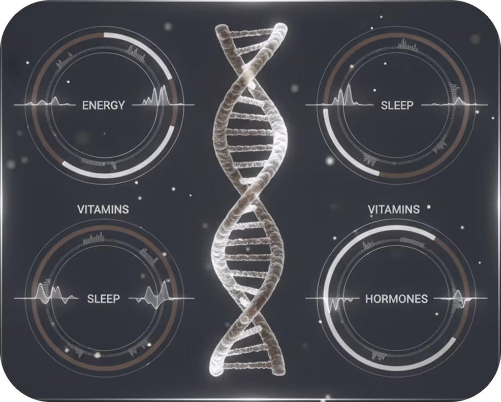 3D illustration of a DNA double helix surrounded by four circular data graphs labeled Energy, Sleep, Vitamins, and Hormones.