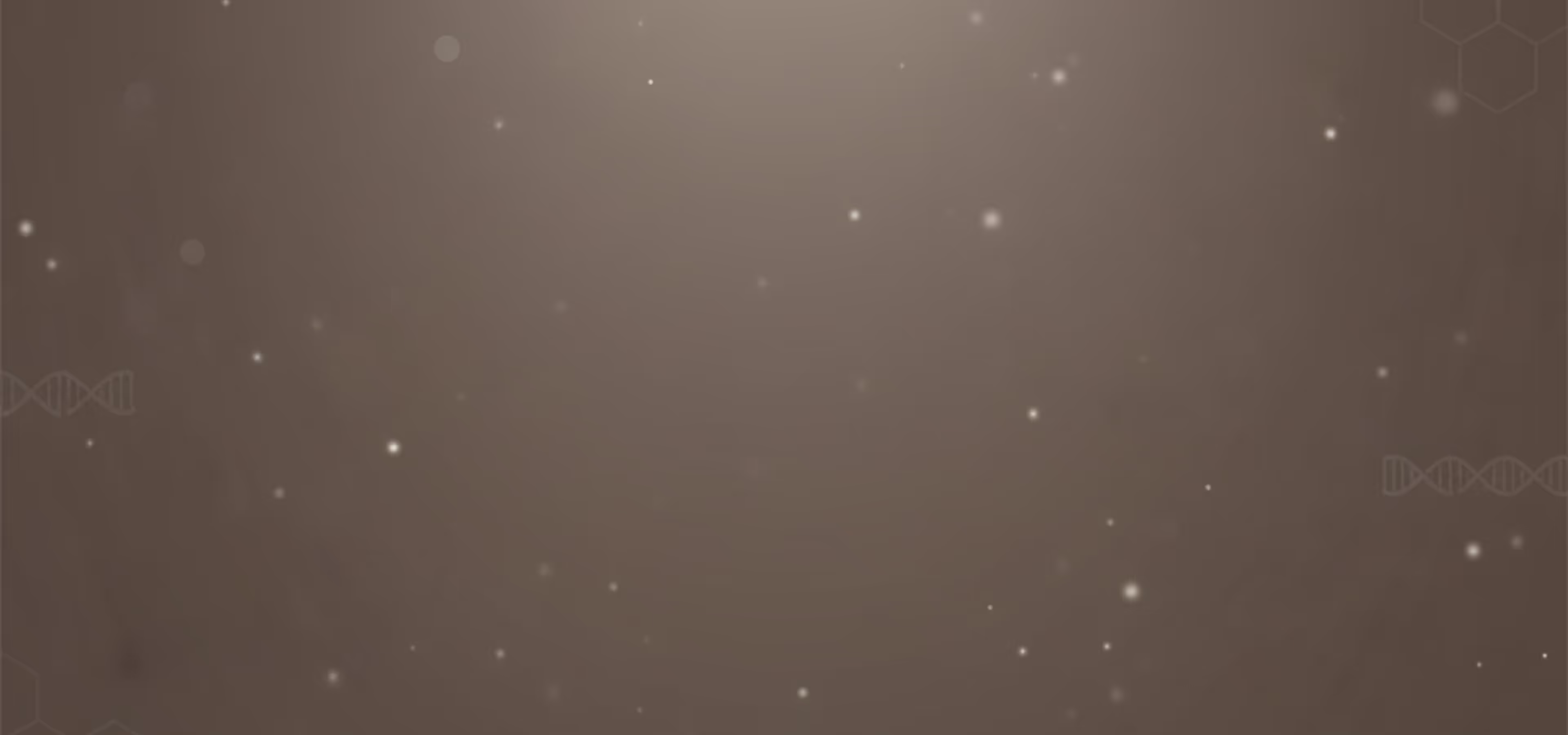 Soft brown gradient background with subtle glowing white dots and faint DNA helix and hexagonal patterns.