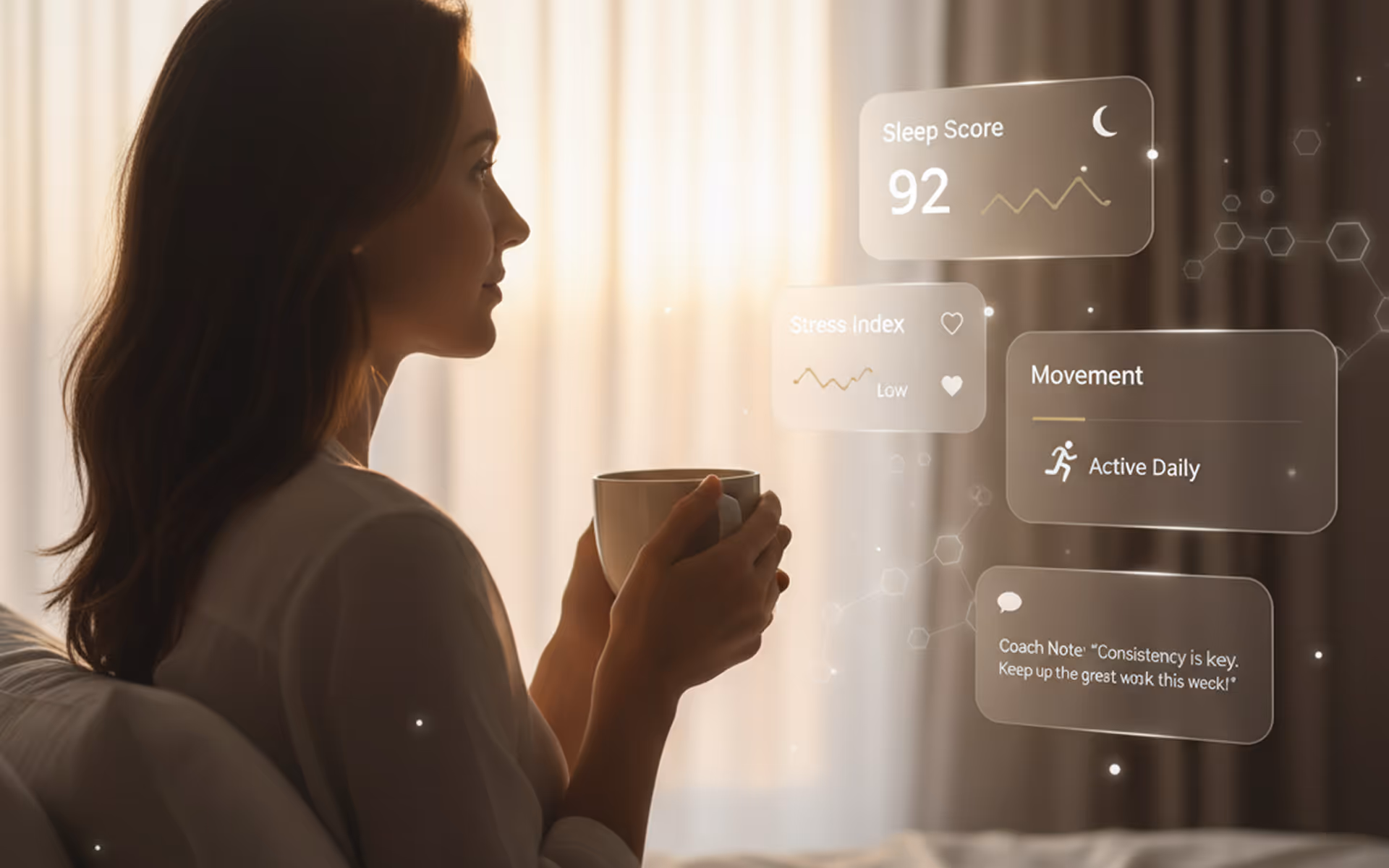 Woman holding a cup and looking at floating digital health metrics including sleep score, stress index, movement, and a coach's note.