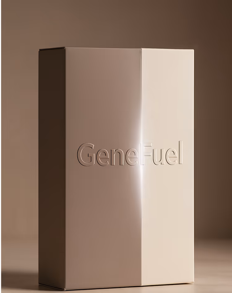 Tall rectangular box with a split vertical color design in muted beige and brown, embossed with the word 'GeneFuel'.
