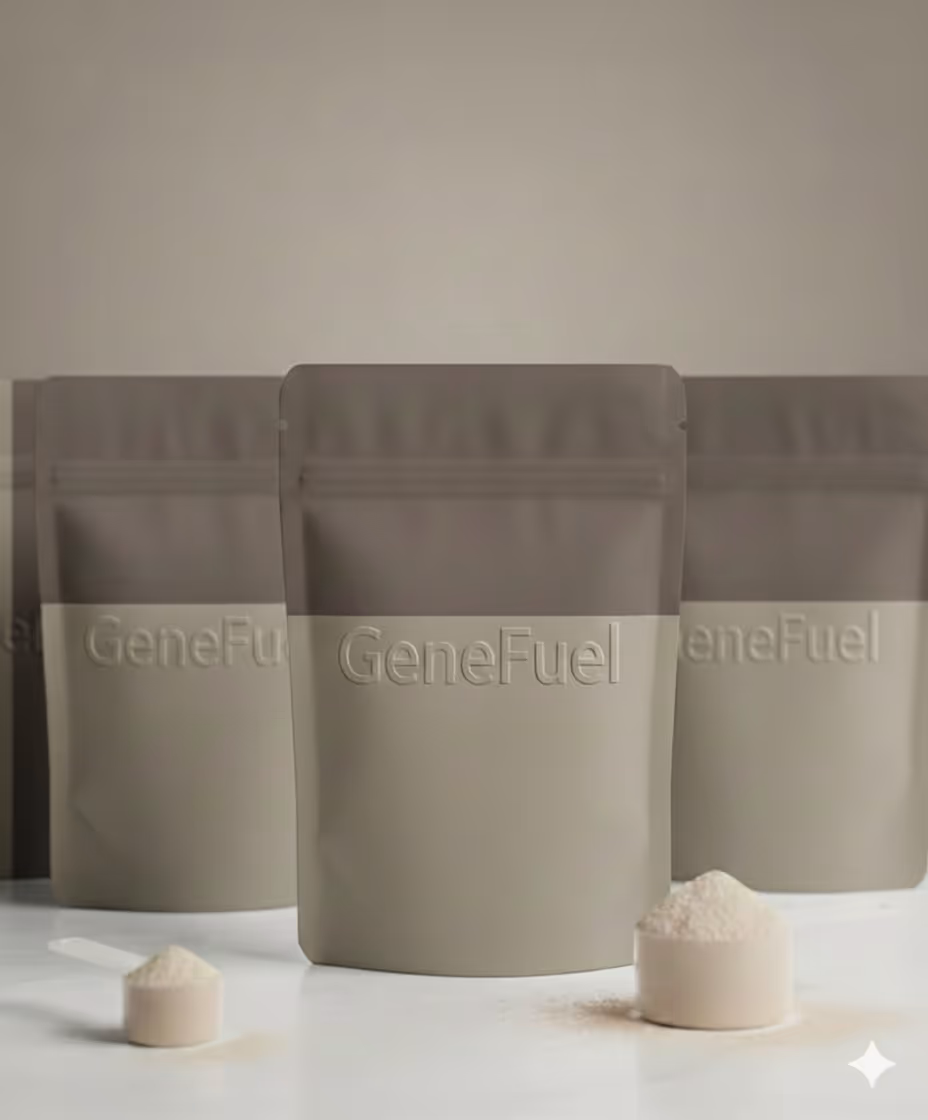 Three beige stand-up pouches labeled 'GeneFuel' with two scoops of white powder in front on a white surface.