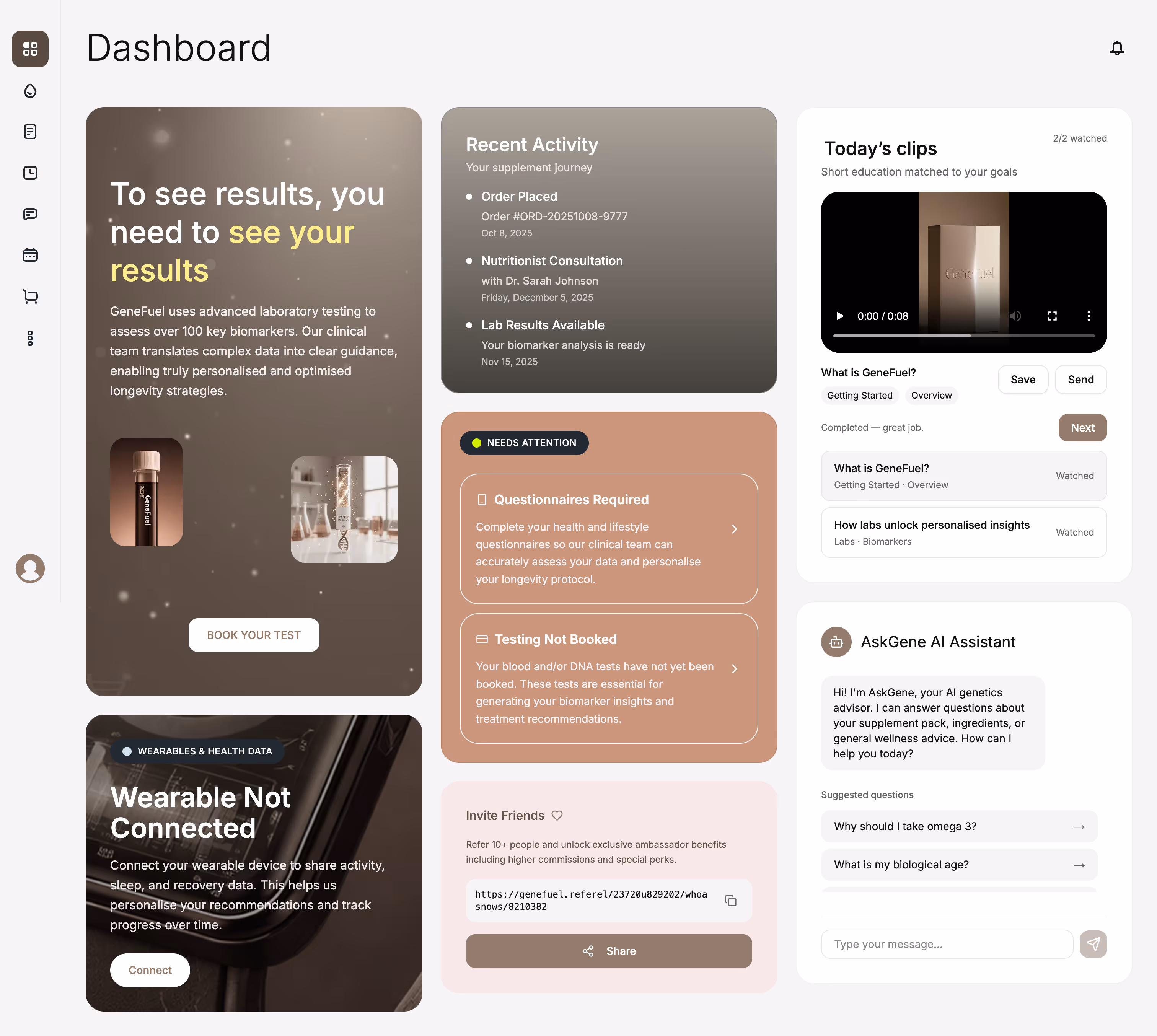 Dashboard interface showing sections for testing status, recent activity, questionnaire requirements, wearable device connection, today's video clips, friend referral link, and an AI assistant chat feature.