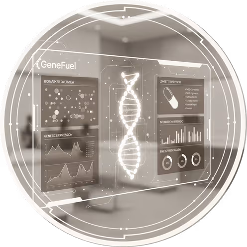 Futuristic digital interface displaying a glowing DNA double helix in the center with charts and data panels labeled GeneFuel around it.
