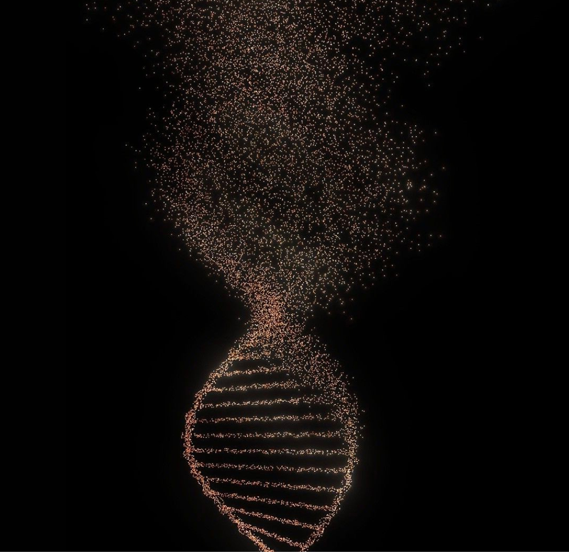 Digital art of a DNA double helix dissolving into small glowing particles on a black background.