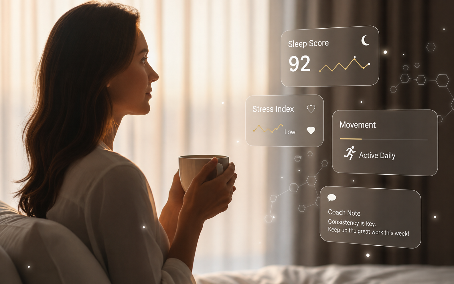 Woman holding a cup, looking at floating health data panels showing sleep, stress, movement, and coach's note.