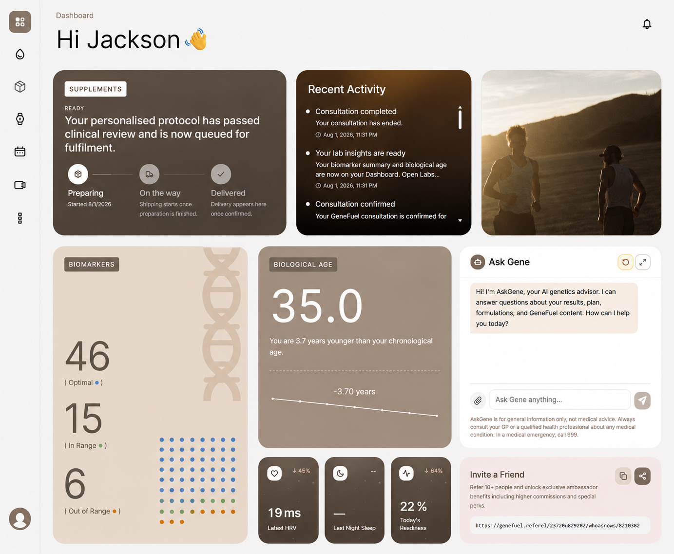 Dashboard showing personalized protocol status, recent activity, biomarker counts, biological age, and AI assistant chat.
