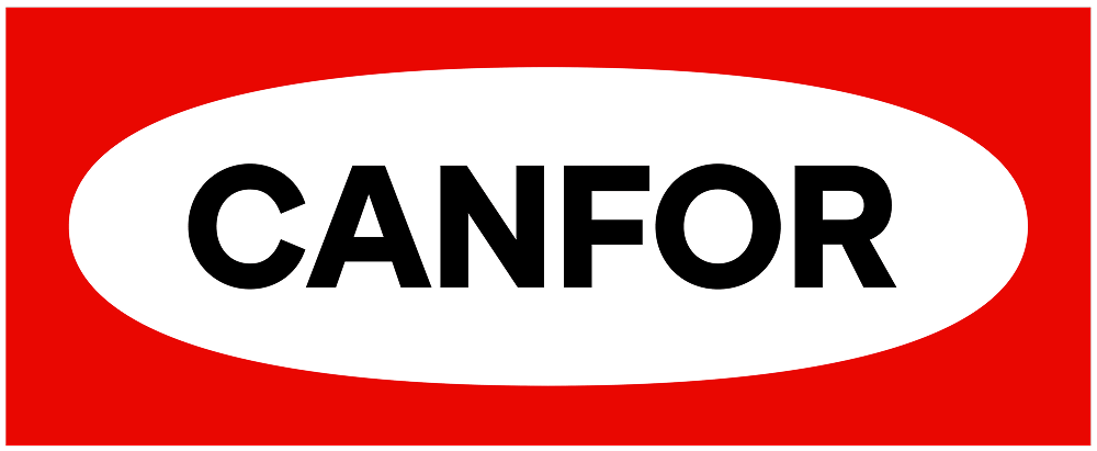 CANFOR in bold black letters inside a white oval on a red rectangular background.
