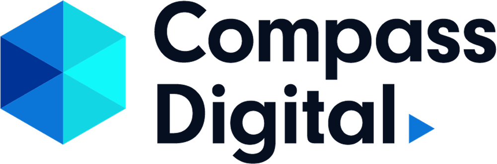 Compass Digital logo with a blue hexagonal geometric icon and bold black text.