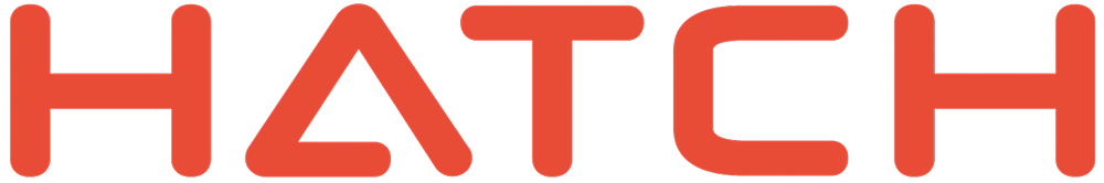 Logo text reading 'HATCH' in bold, modern red letters with a stylized triangular 'A'.