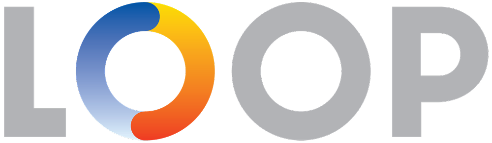 The word 'LOOP' in uppercase letters with the first 'O' depicted as a multicolor gradient ring transitioning from blue to orange and the other letters in gray.