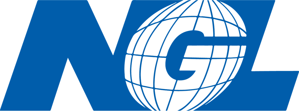 Blue stylized letters NGL with a globe featuring a large letter G in the center.