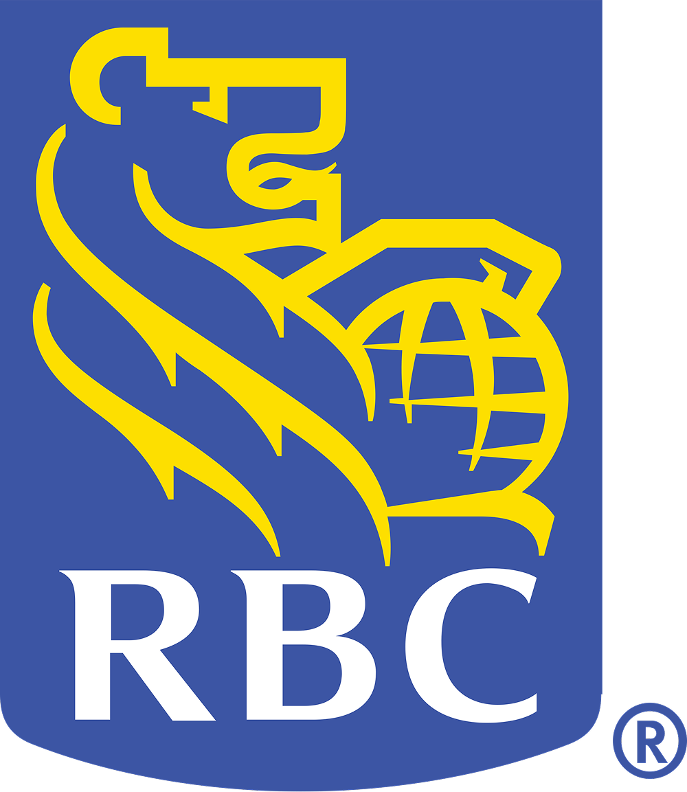 Royal Bank of Canada logo featuring a yellow lion holding a globe on a blue shield with white letters RBC.