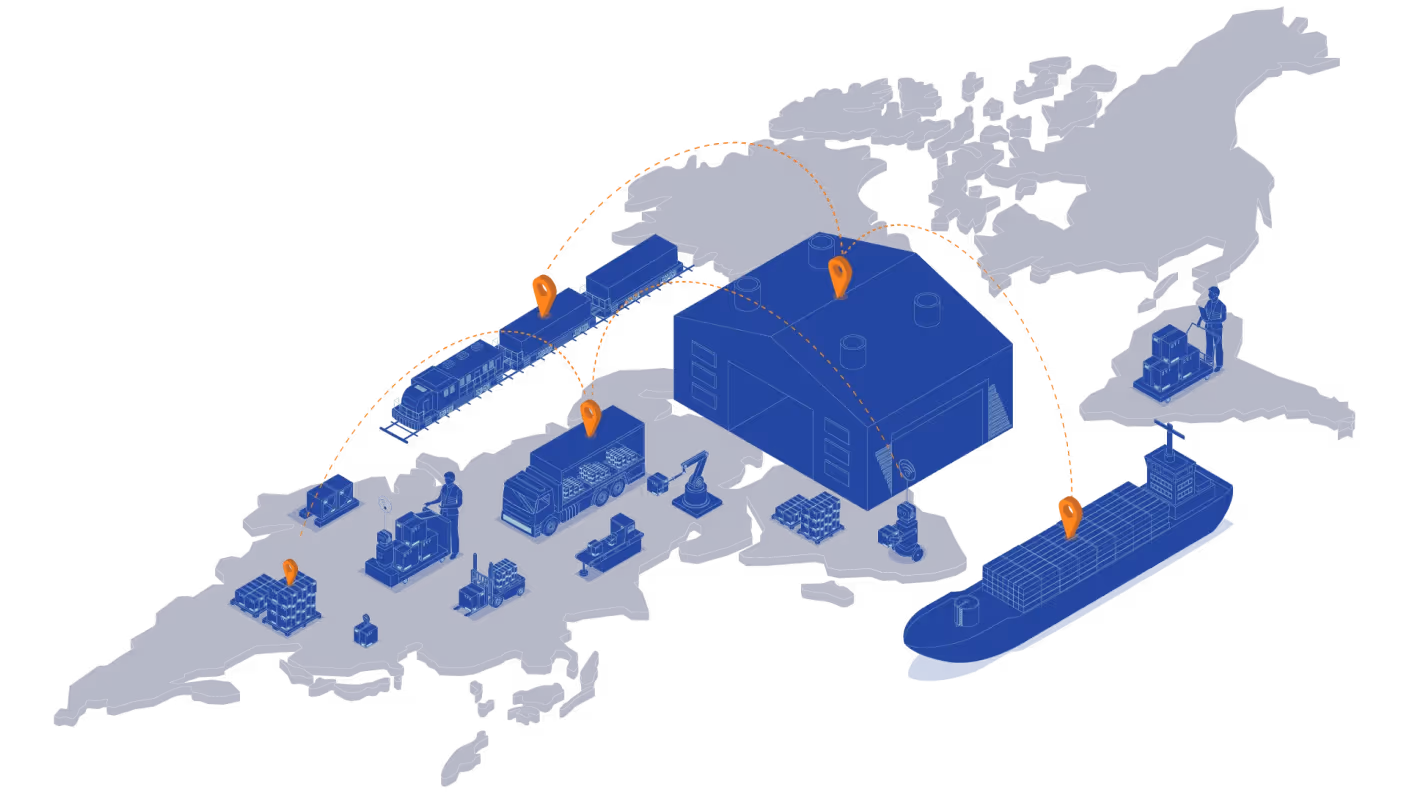 Illustrated map showing logistics and supply chain connections across Europe with icons of factories, trucks, trains, warehouses, and a cargo ship linked by dotted lines.