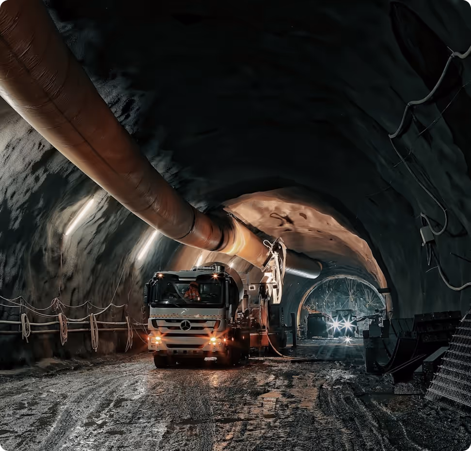 Concrete mixer truck inside a dimly lit tunnel with large ventilation ducts overhead.