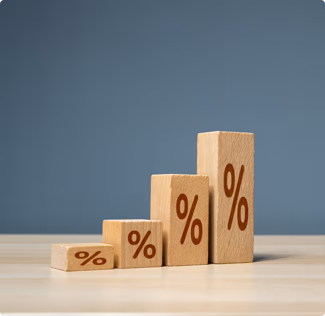 Four wooden blocks of increasing height arranged in a row, each with a percentage symbol printed in brown.