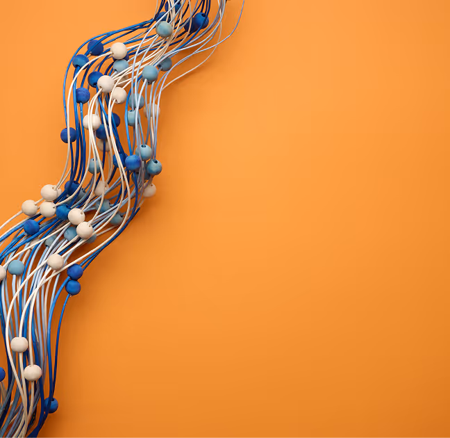 Curved cluster of blue, light blue, and white wires intertwined with spherical beads on an orange background.