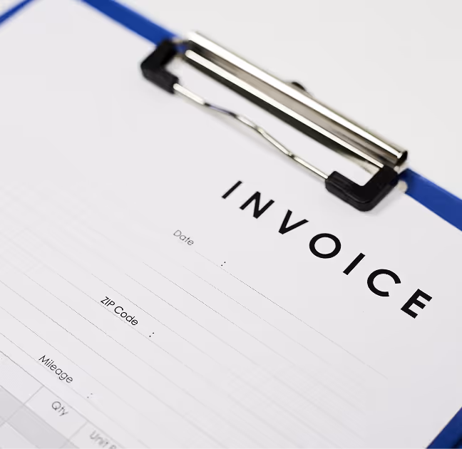 Two business professionals shaking hands in a warehouse, one holding contract documents.