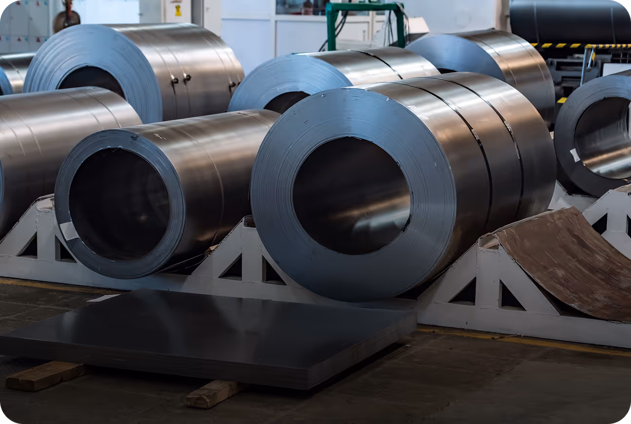 Large rolls of steel sheets stored in a factory or warehouse.