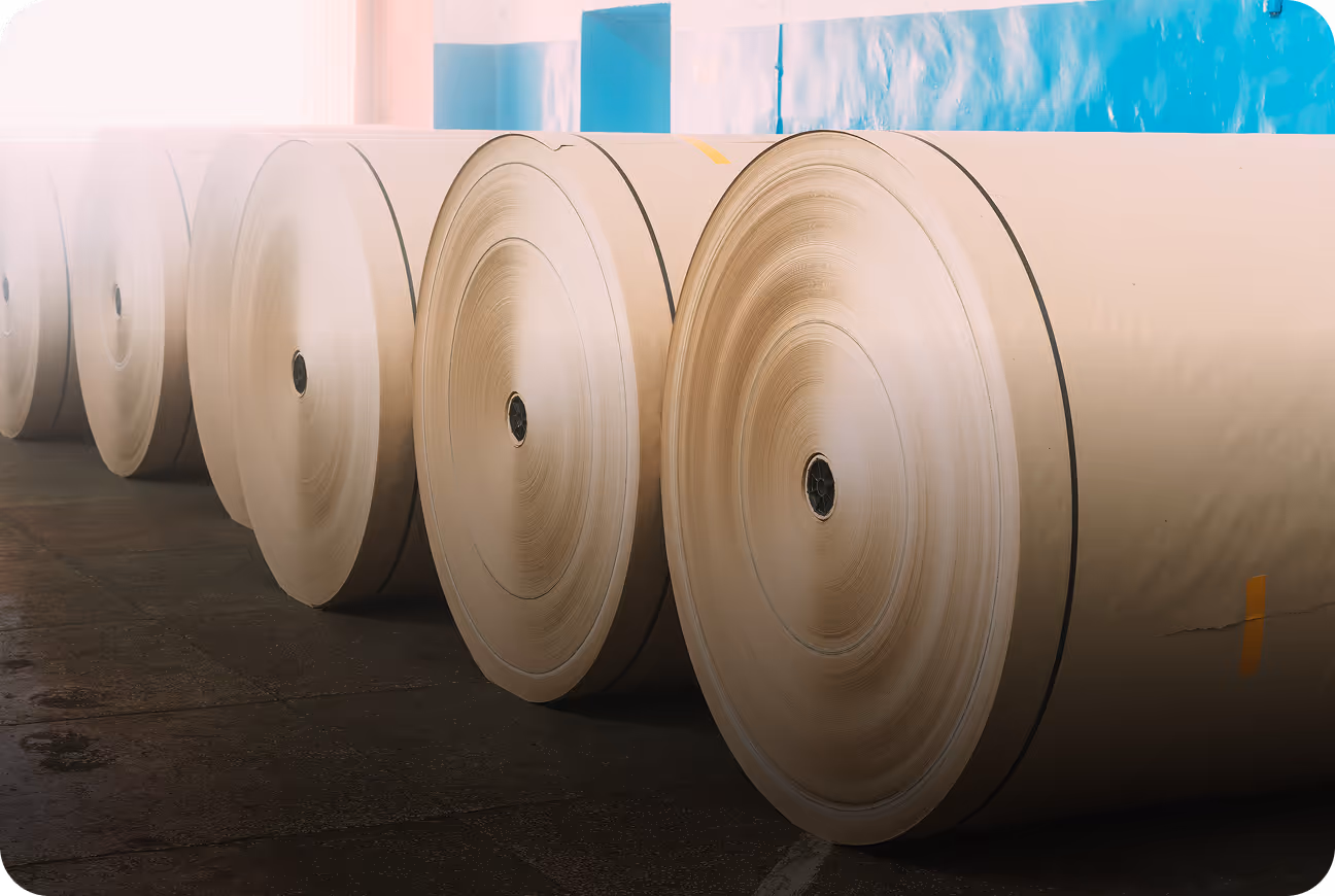 Large rolls of industrial paper stacked in a warehouse.