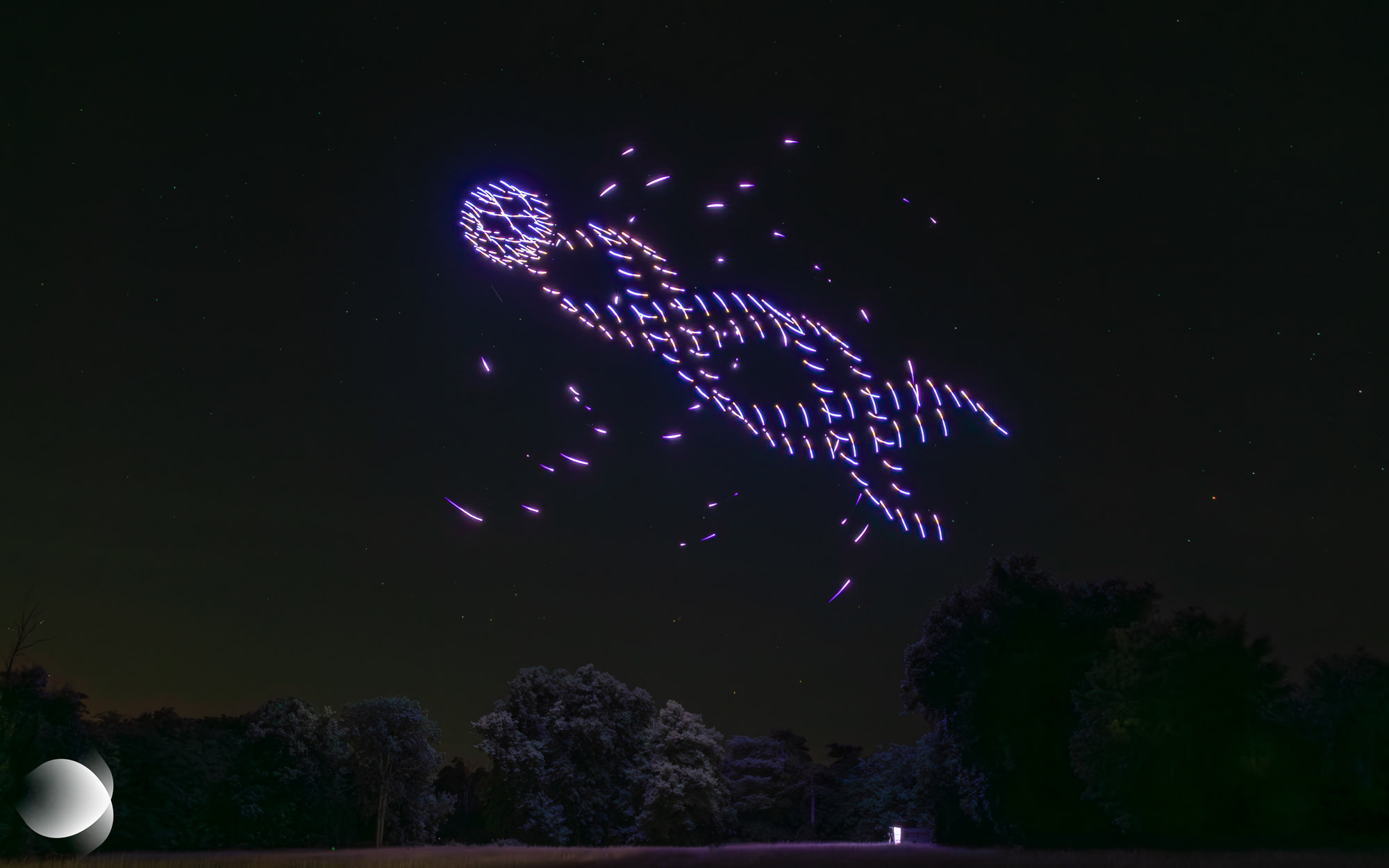 Spectacle de drone avec des formes qui représente des papillons, des cerfs et la nuit étoilée.