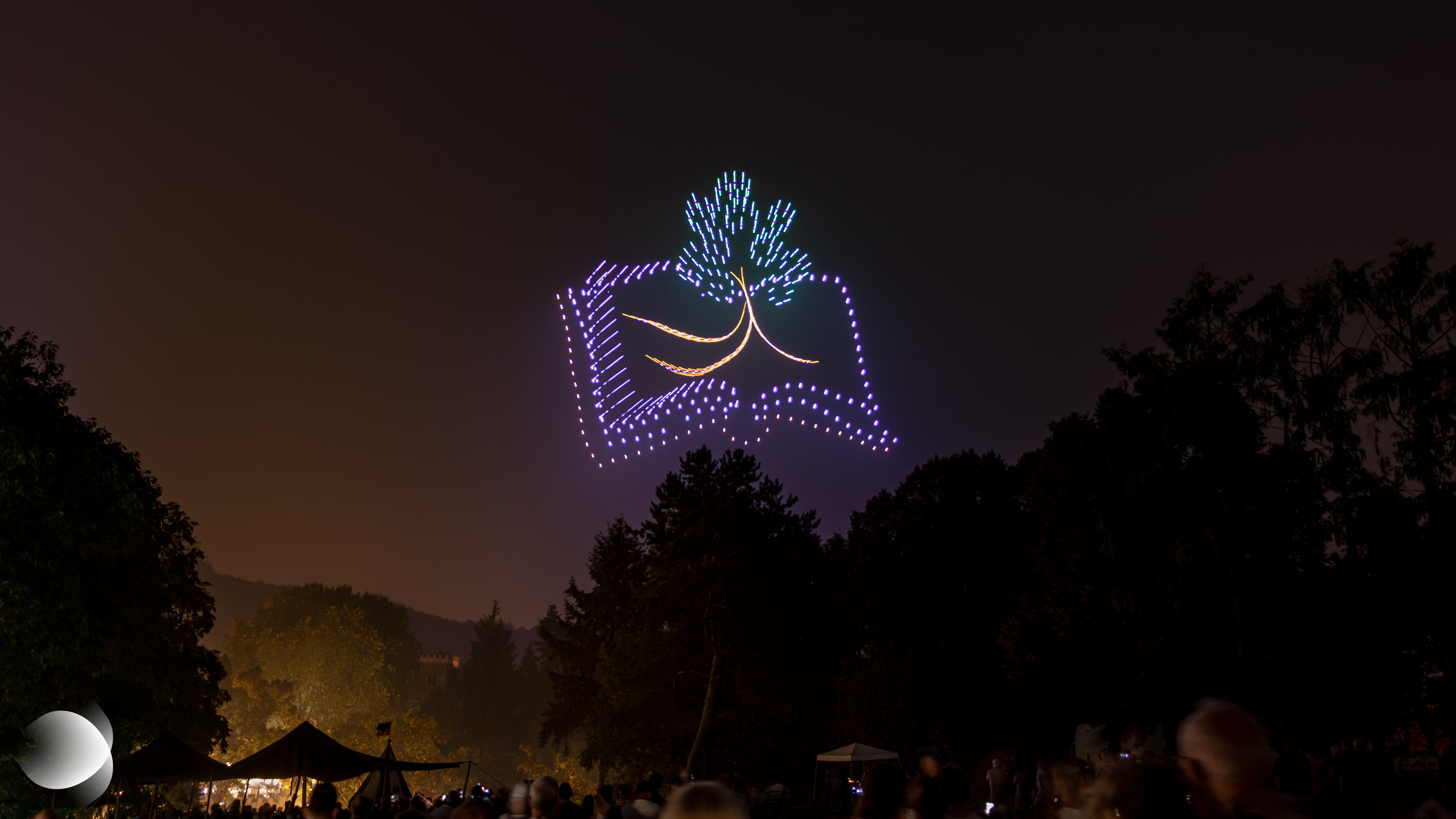 Arbre lumineux poussant depuis les pages d’un livre ouvert, dessiné dans le ciel nocturne par des drones lors du spectacle « Johann Fischart, l’Humaniste » à Forbach, le 15 août 2026.