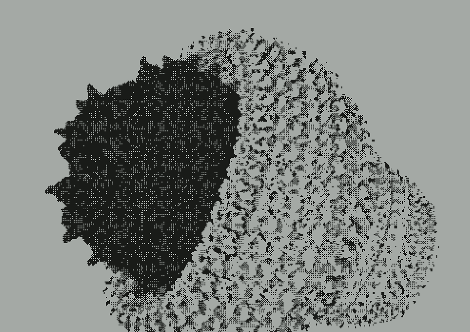 Black and white pixelated 3D digital model of a porous textured object resembling a virus or spiky sphere on a gray background.