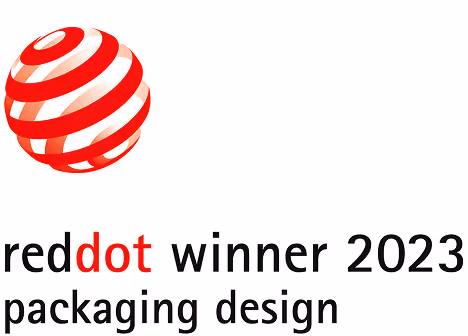 Red Dot Award 2023 logo for packaging design with red spiral ball and text.