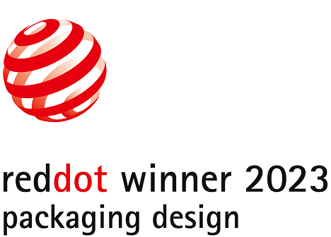Red Dot Award 2023 logo for packaging design with red spiral ball and text.