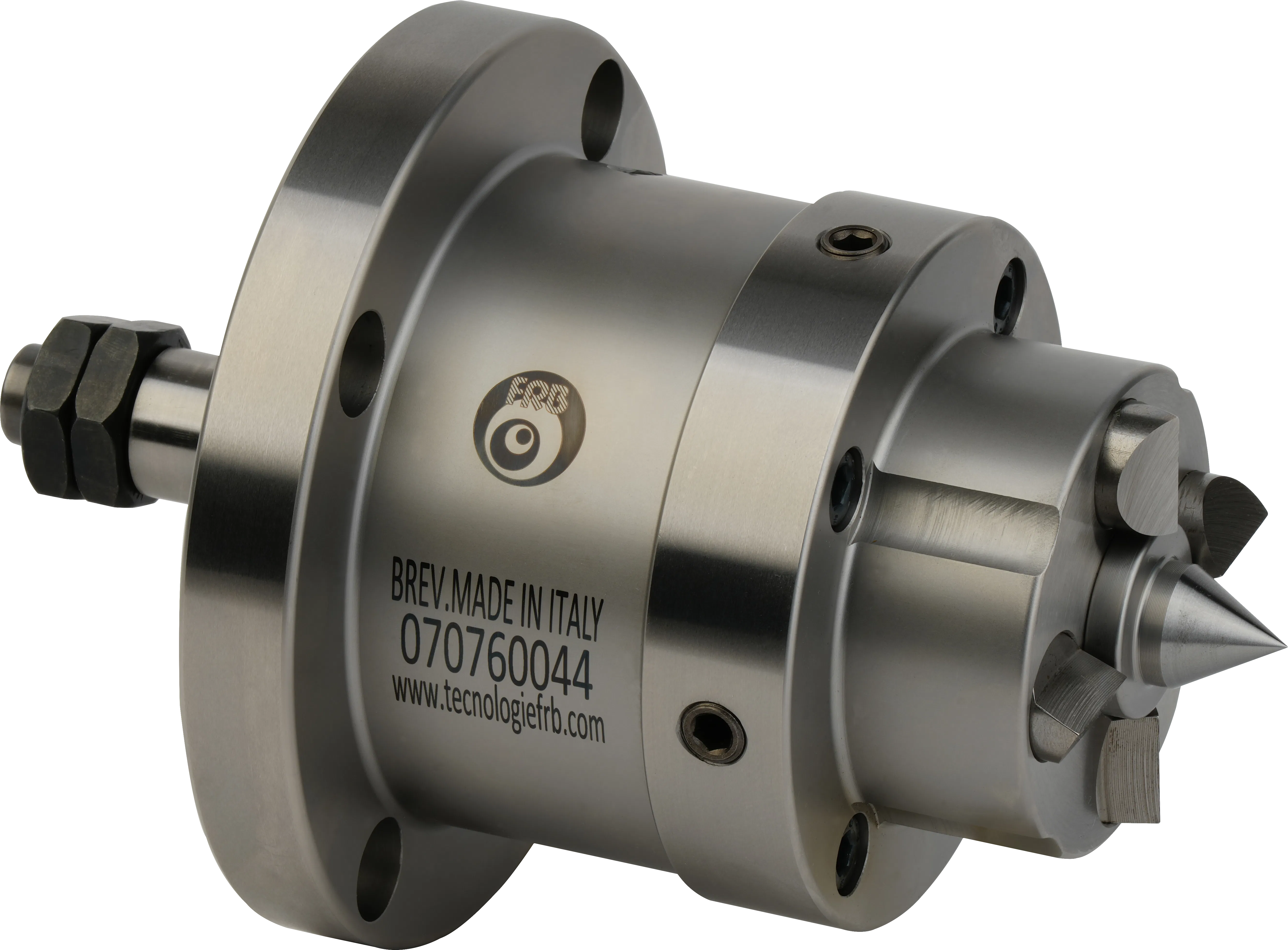 Metallic industrial face driver tool with sharp pointed tips and mounting holes, labeled Made in Italy.