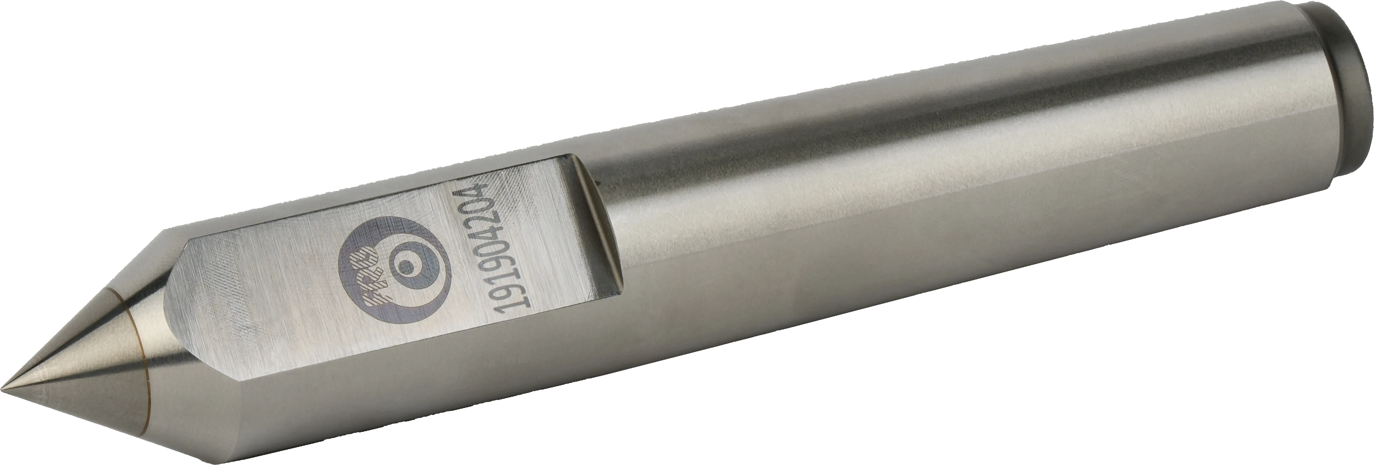 Stainless steel precision pointed tool with engraved logo and serial number.