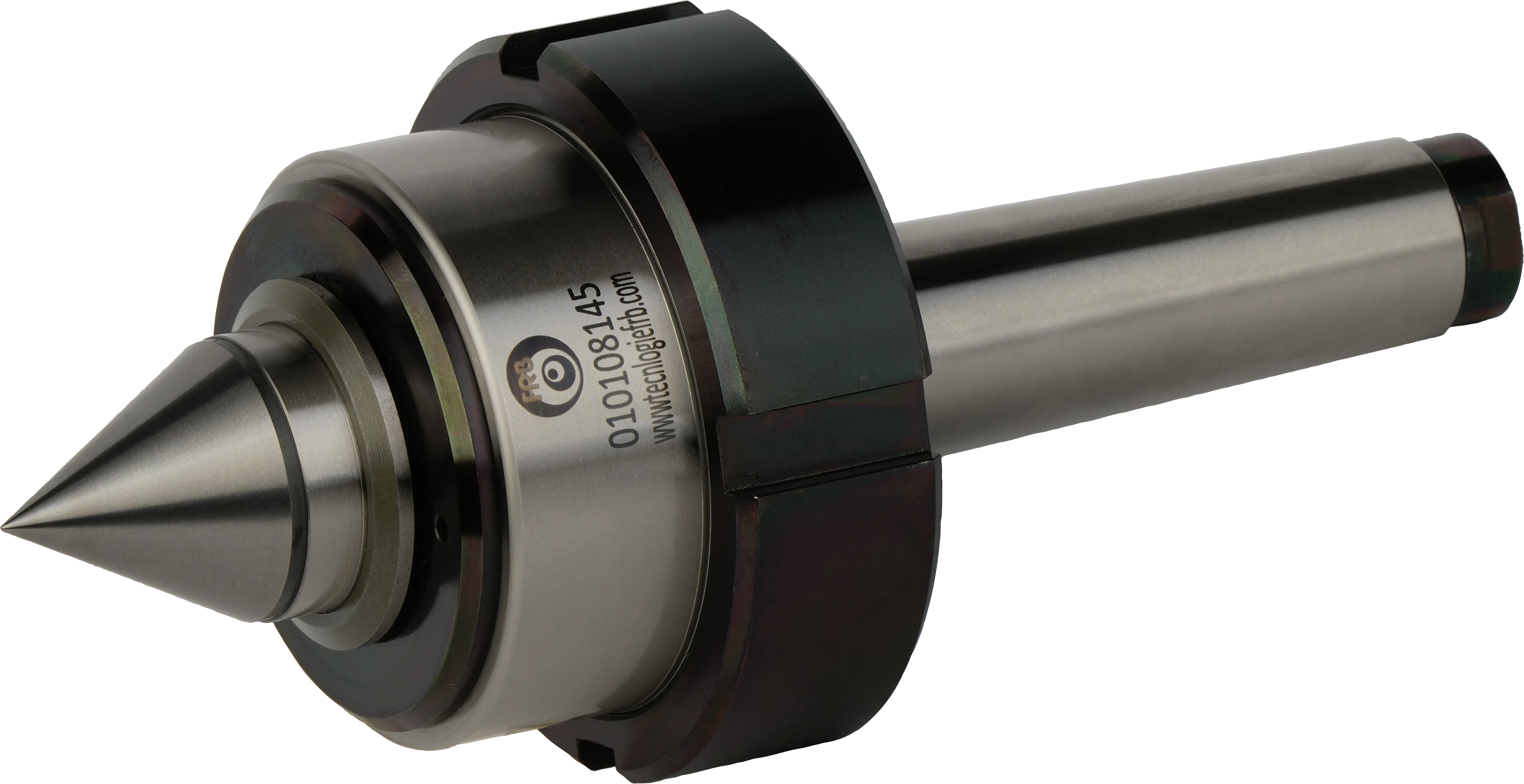 Precision metal live center tool with a conical tip and cylindrical body used for turning or machining.