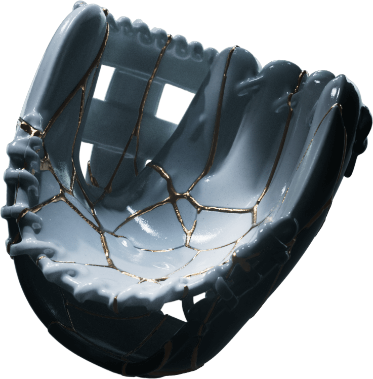 A baseball glove with gold fractures in kintsugi style